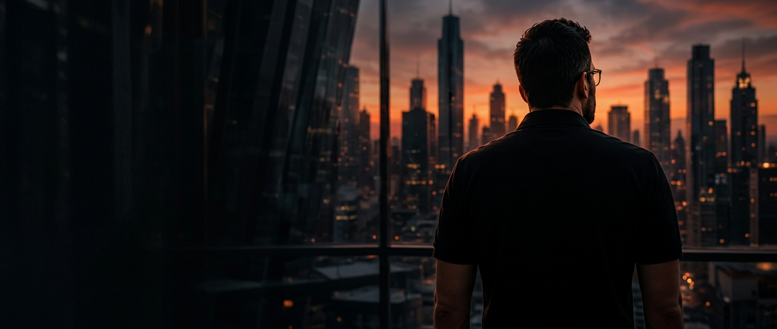 Empresário olhando para a cidade e para o futuro do seu negócio